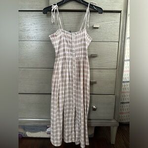Aerie Beige & White Button Striped Slit Dress